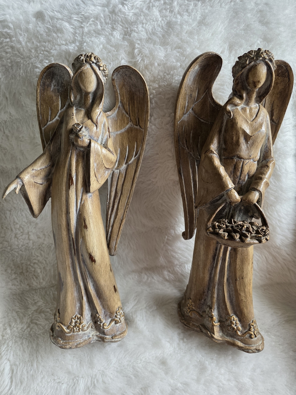 Decorative Wood-Tone Angel Sculpture Set - Elegant Home Art
